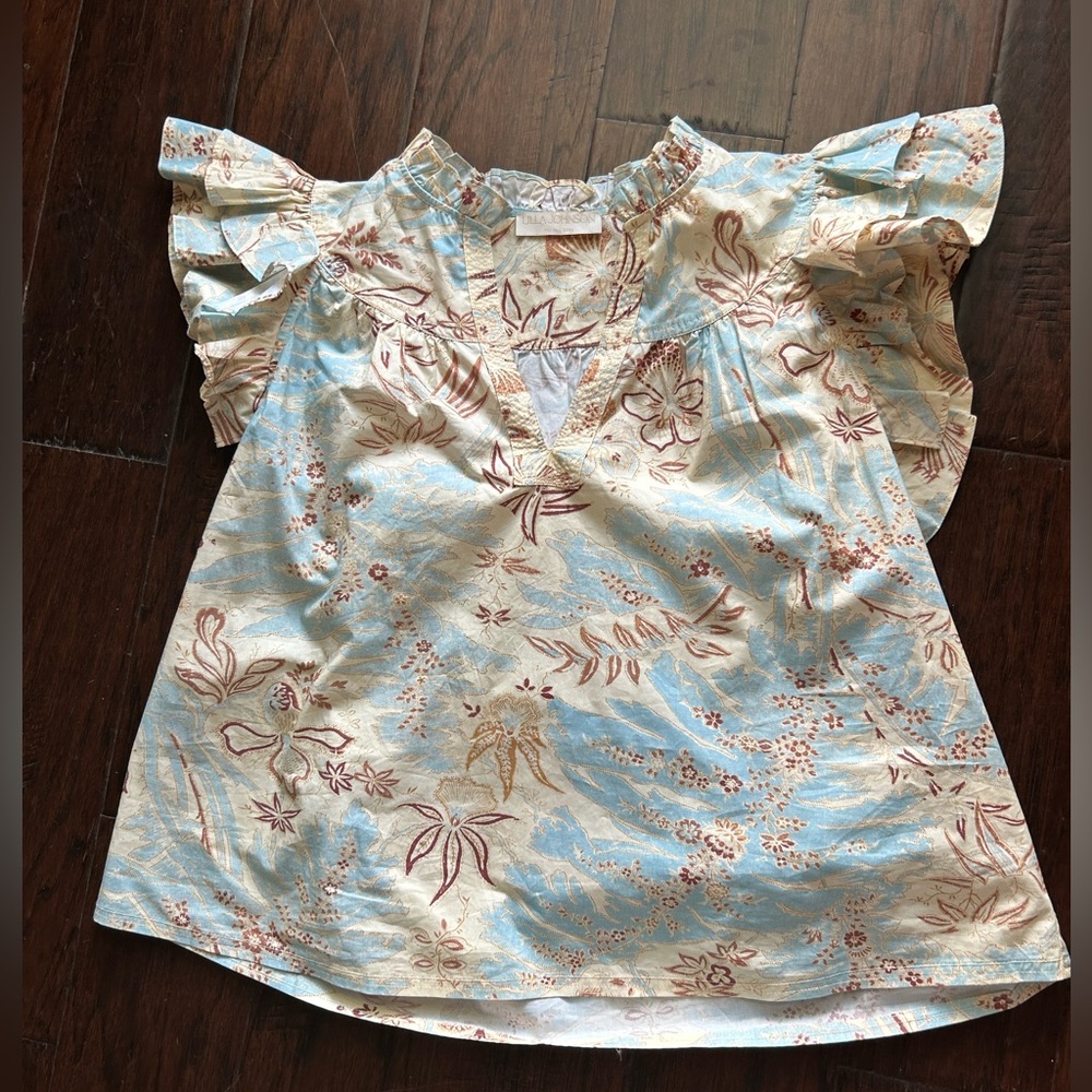 ULLA JOHNSON Pre-fall 2022 100% Cotton Flutter-Sleeve Aloha Hawaiian Blouse 6